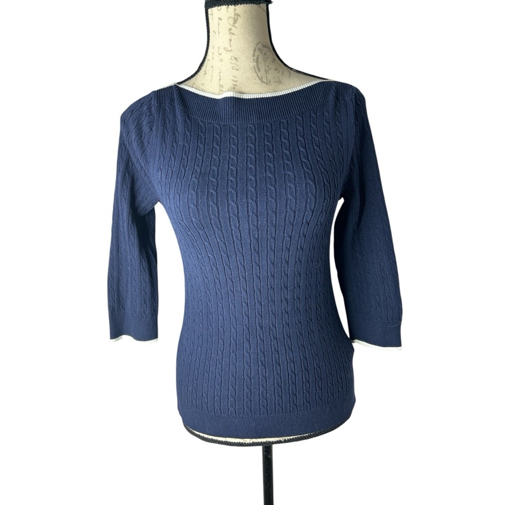 Lauren‎ Ralph Lauren Womens Blue Cable Knit Cotton Long Sleeve Sweater Sz S